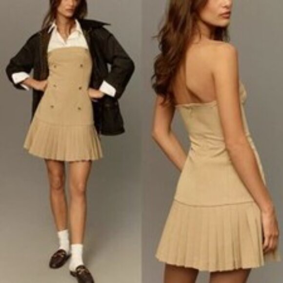 Maeve Strapless Pleated Trench Dress L Beige Mini Stretch Anthropologie NEW - Picture 3 of 11